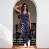 Umi Jogger in navy blue – 27" inseam semi-fitted bamboo, organic cotton and spandex women's jogger | Eco Golden Comfort