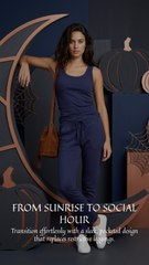 "Woman wearing Umi Jogger in blue by Eco Golden Comfort — Powered by Eco Germ Gard herbal bamboo technology"