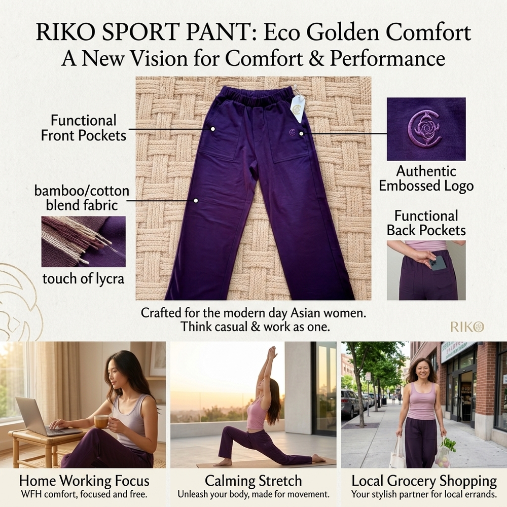 Riko Sport Pant in plum – 31" high-rise bamboo and organic cotton women's pants with pockets | Eco Golden Comfort