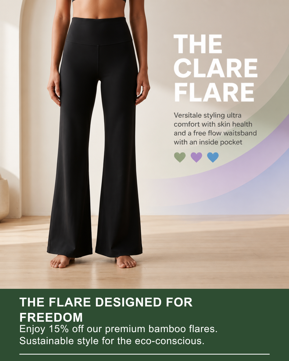"Woman in Clare Flare black bamboo flare pants by Eco Golden Comfort — lifestyle view"