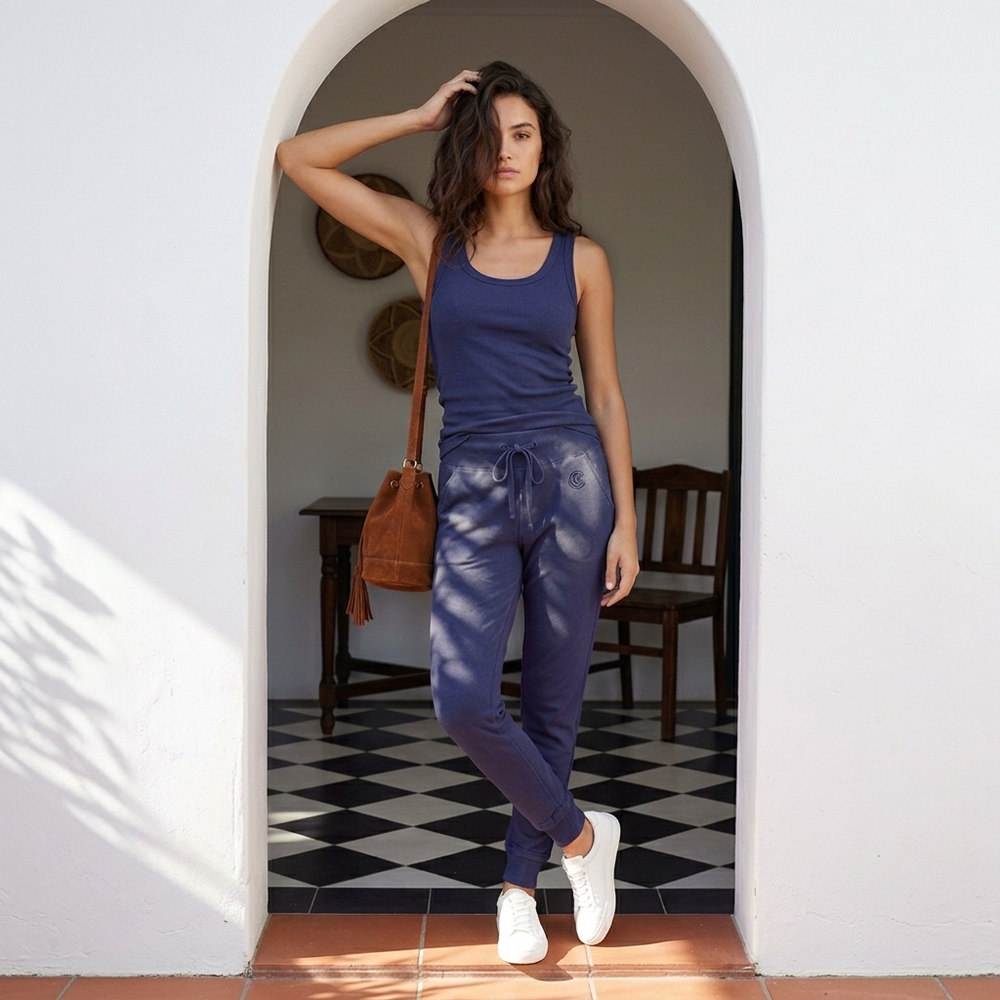 Umi Jogger in navy blue – 27" inseam semi-fitted bamboo, organic cotton and spandex women's jogger | Eco Golden Comfort