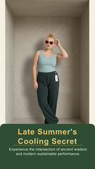 "Lifestyle shot of woman in Riko Sport Pant olive green bamboo pants — Eco Golden Comfort sustainable activewear"