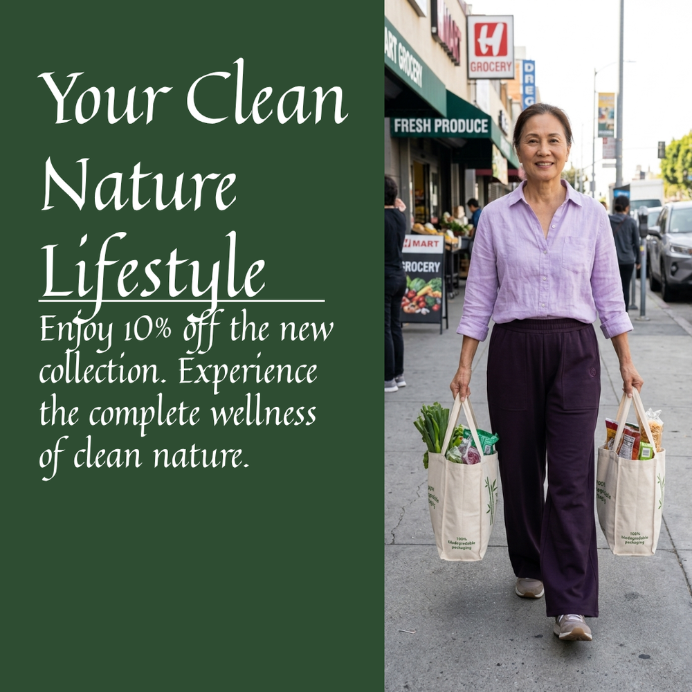 "Woman walking city street in Riko Sport Pant in plum bamboo pants — Your Clean Nature Lifestyle, Eco Golden Comfort 10% off new collection"