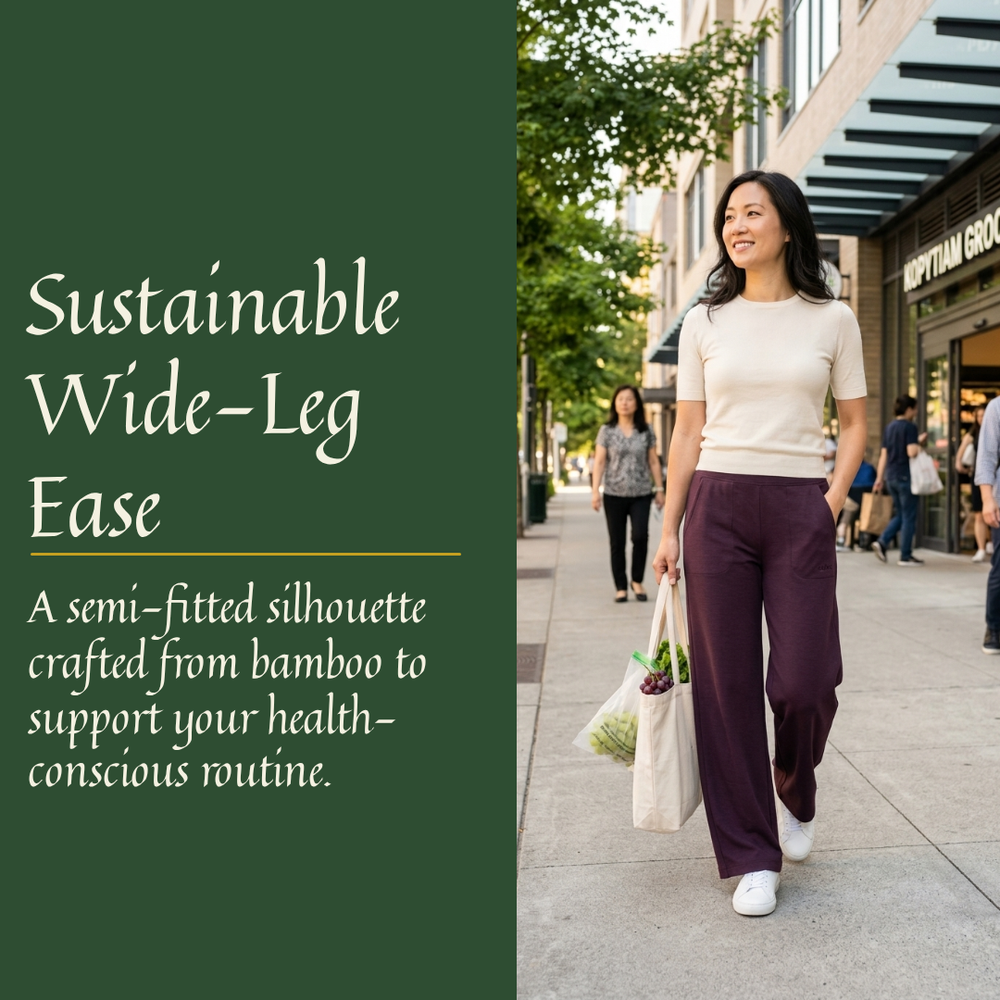 Woman outdoors in Riko Sport Pant in plum — Breathe in Pure Plum Luxury, Eco Golden Comfort bamboo active pant"

