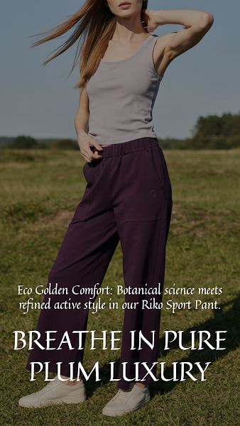 "Outdoor lifestyle shot of woman in Riko Sport Pant plum — Breathe in Pure Plum Luxury, bamboo organic cotton pants by Eco Golden Comfort"